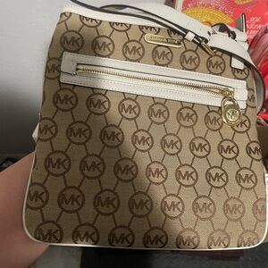 Michael Kors Brown Monogram Crossbody with White Trim